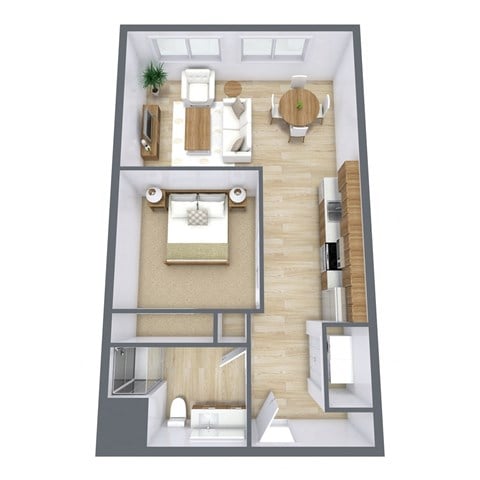 Floor plan for studio, 0.8 baths, 688 sqft